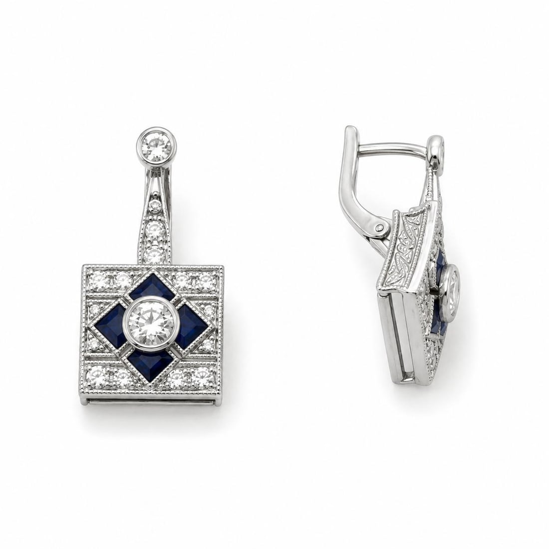 Mid 20th Century Pair of 18k White Gold Diamond Sapphire Earrings - 3