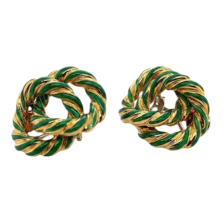 late 20th Century 18k Yellow Gold Enamel Knot Earrings, A Pair: 18k Yellow Gold Enamel Knot Earrings. . 19.15 grams. Condition: Alterations: Original Condition Unaltered Imperfections: Some Imperfections Condition Notes: Very Good Origin: United States Materials