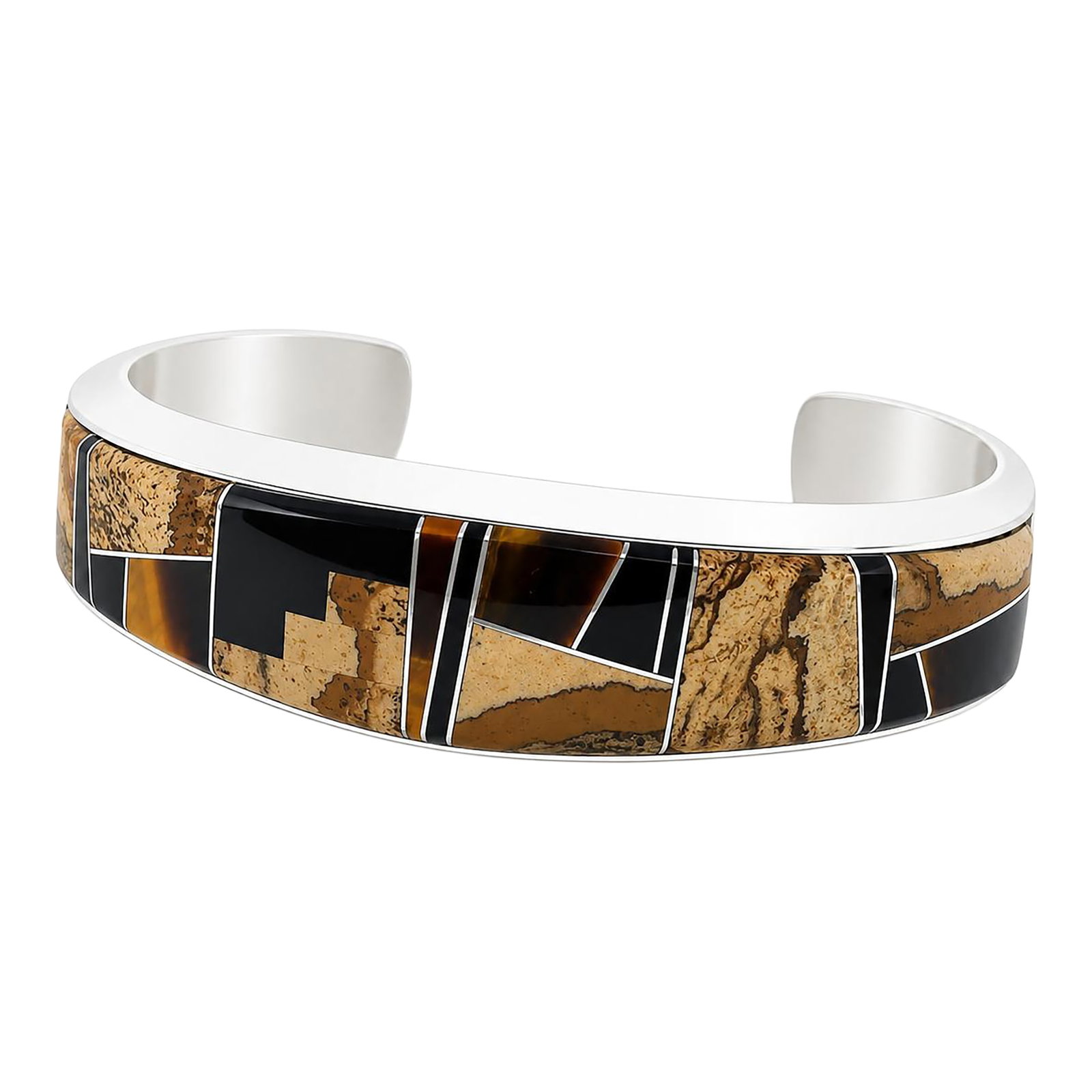 Wayne Muskett Navajo Inlaid Silver Bracelet: Wayne Muskett Navajo inlaid silver bracelet with Tiger Eye, Jasper and Onyx Condition: Alterations: Original Condition Unaltered Imperfections: Some Imperfections Condition Notes: Excellent Origin:
