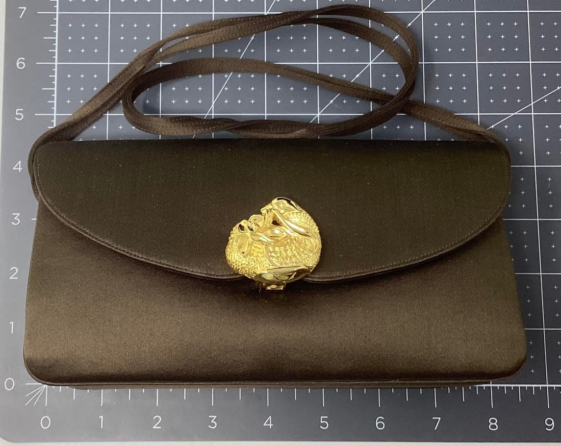 Judith Leiber Brown Satin Flap Evening Bag. Includes Coin Purse and Neiman Marcus Storage Bag. - 3
