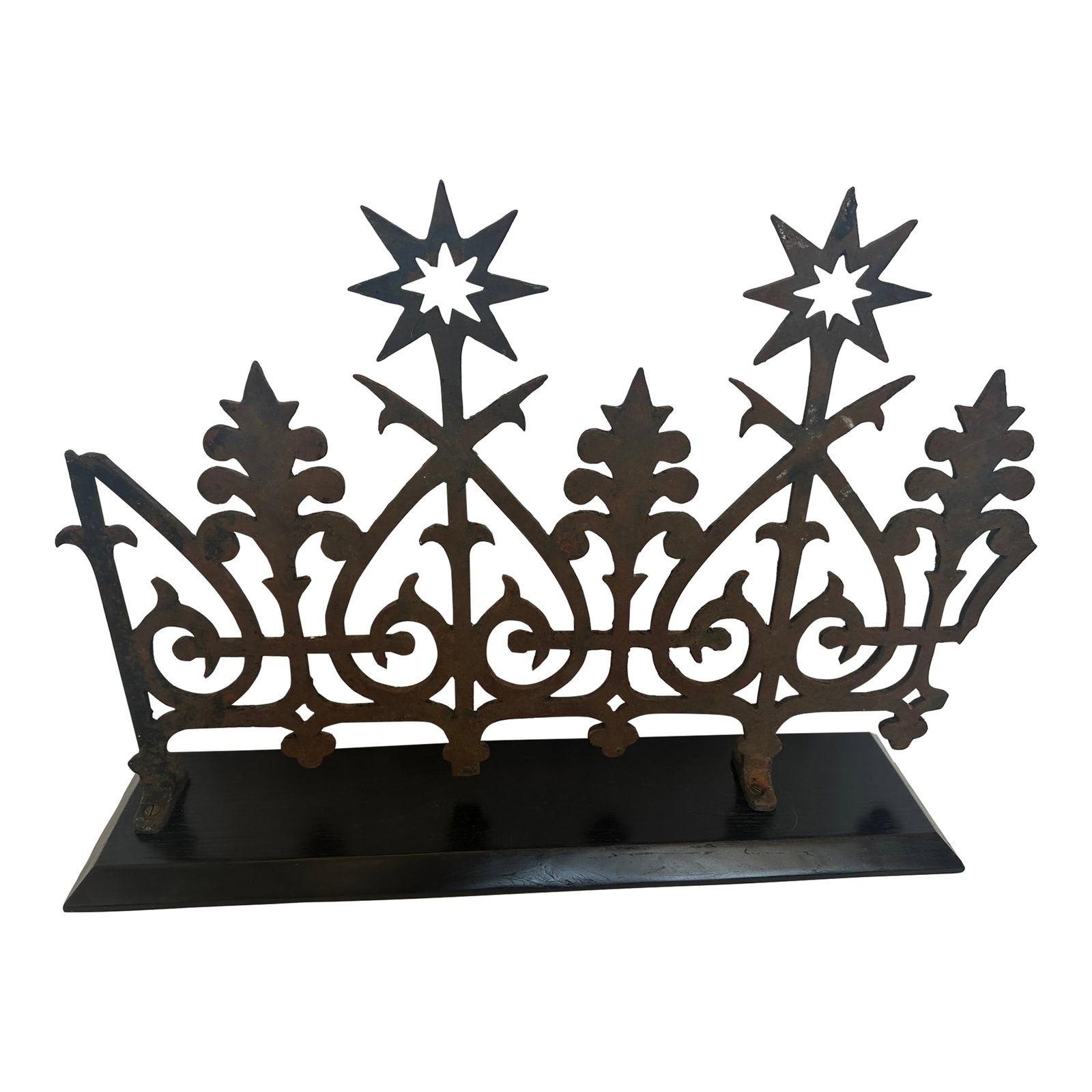 One of a Kind Found Object Iron Fragment Sculpture: Fascinating found object sculpture having vintage iron fragment of an old fence or gate, mounted and now a piece of art. SW Condition: Alterations: Original Condition Unaltered Imperfections: Some Imp