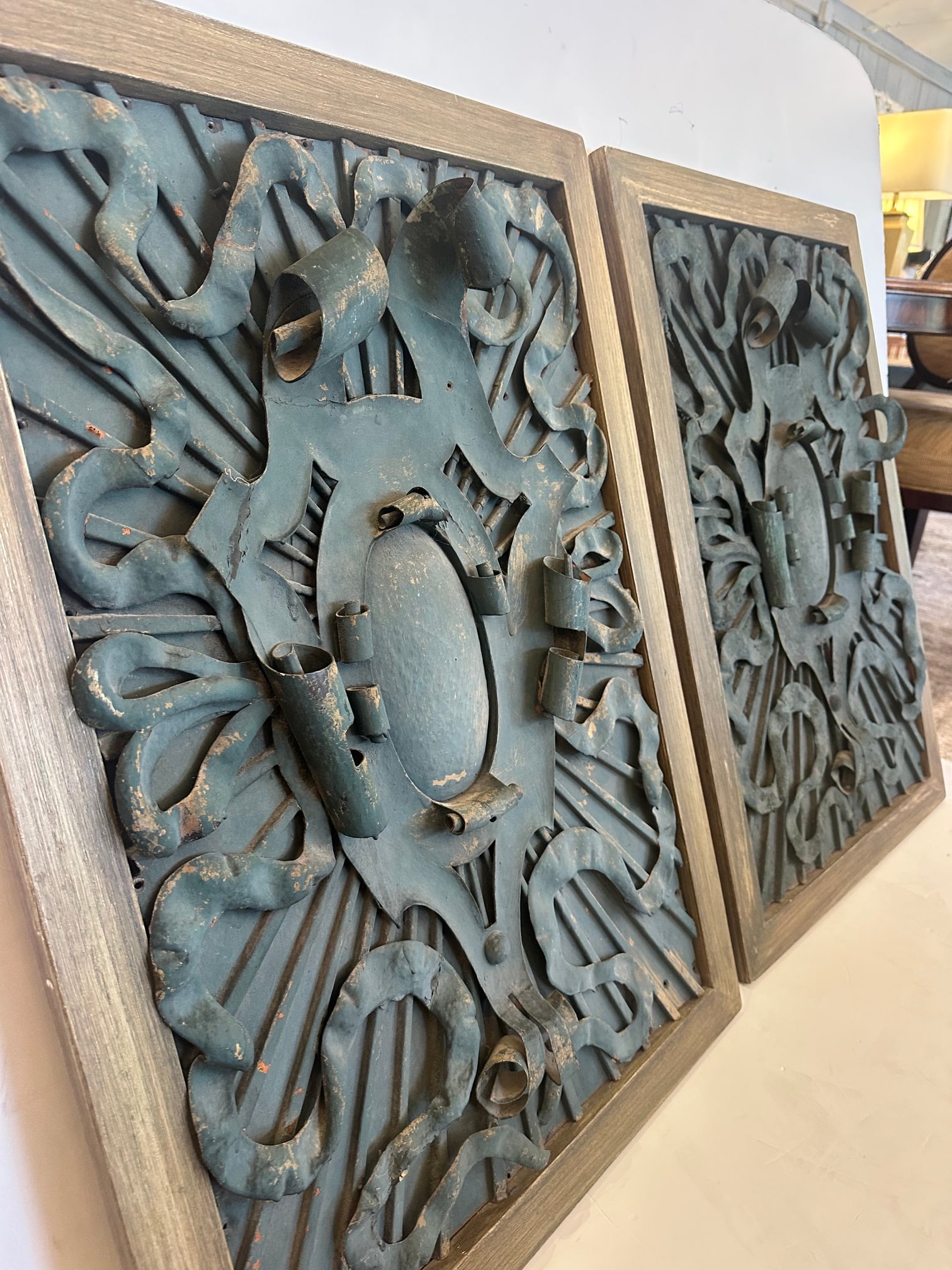 Framed Iron Architectural Fragments With Verdigris Patina- A Pair - 10