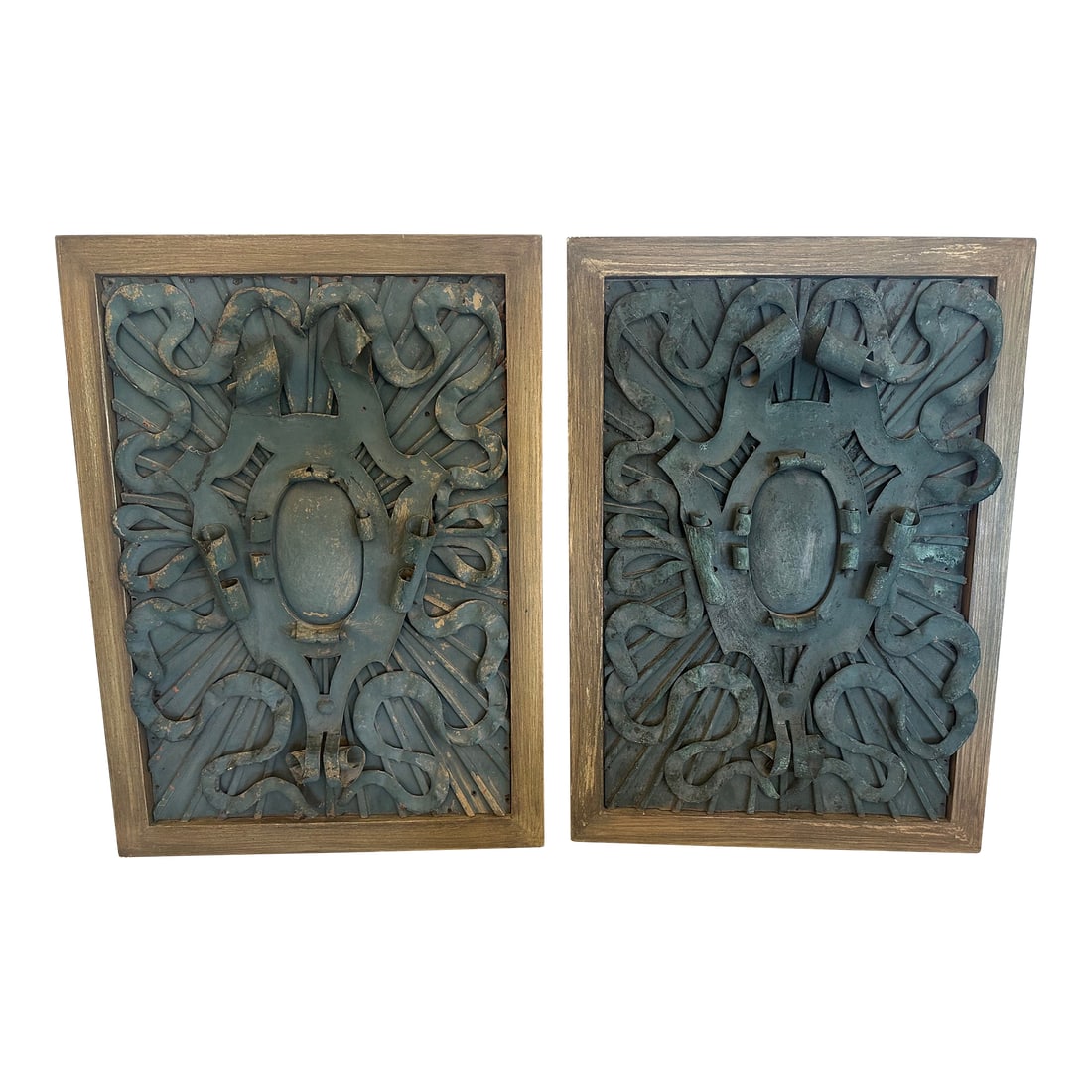 Framed Iron Architectural Fragments With Verdigris Patina- A Pair (1 of 11)