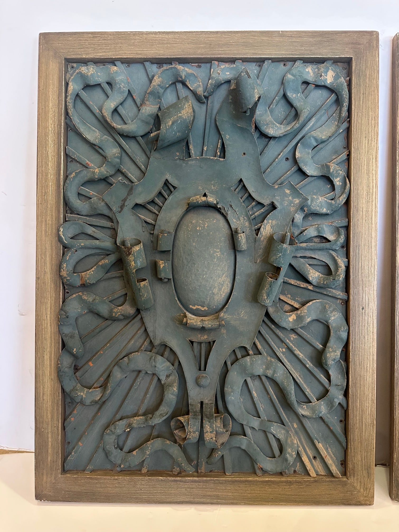 Framed Iron Architectural Fragments With Verdigris Patina- A Pair - 4