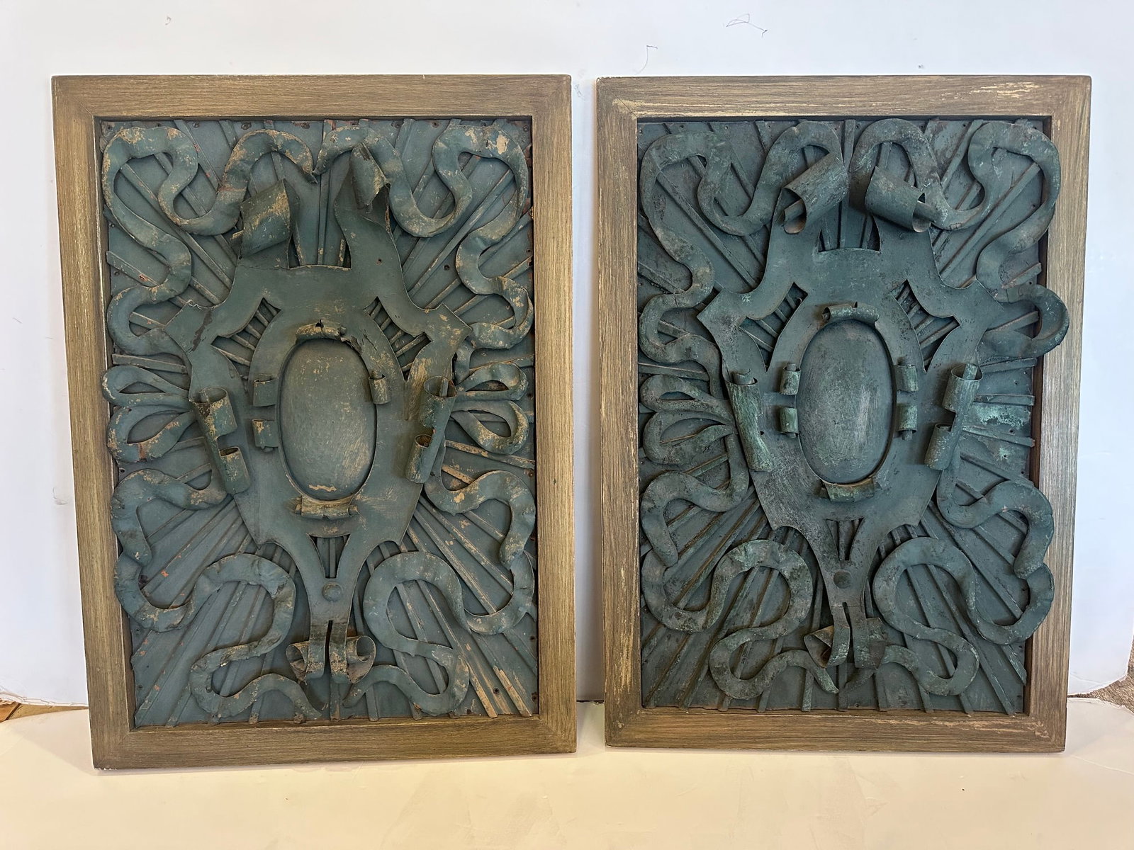 Framed Iron Architectural Fragments With Verdigris Patina- A Pair - 9