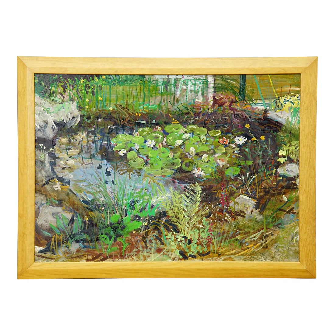 Garden Pond With Water Lilies and Rockery, 1994 – Oil Painting by Alexander Michael (1 of 6)