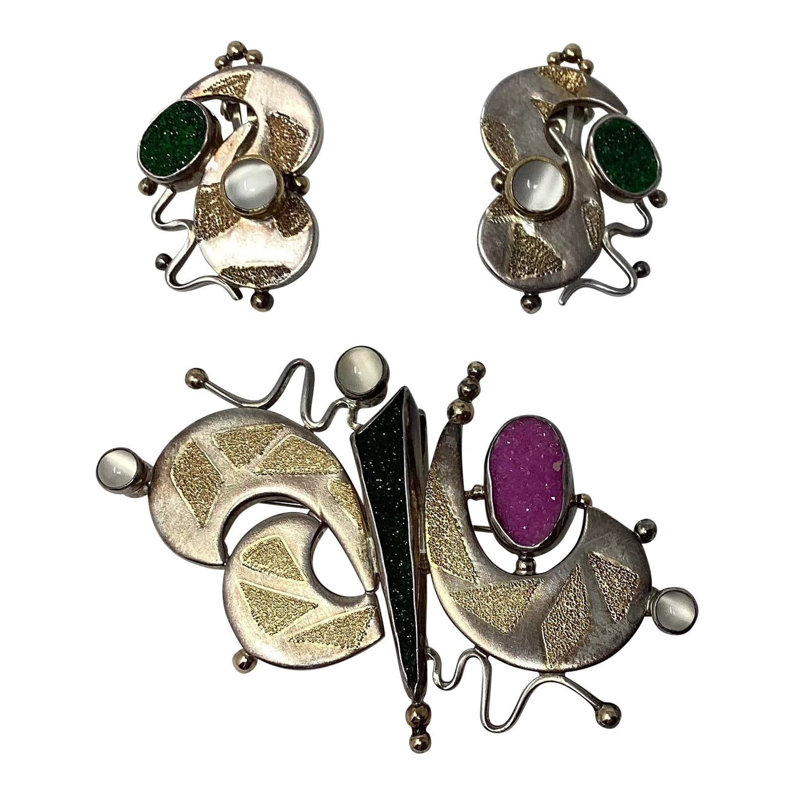 Mid 20th Century Tricia Young Sterling, 18k Gold, Druzy Quartz, and Moonstone Pin/Pendant and Earrin: Abstract Pin/Pendant and earrings set by Tricia Young. The pin measures 3" wide by 2.75" high. The earrings measure 1" wide by approximately 1.5" high. All three pieces are in wonderful condition and 