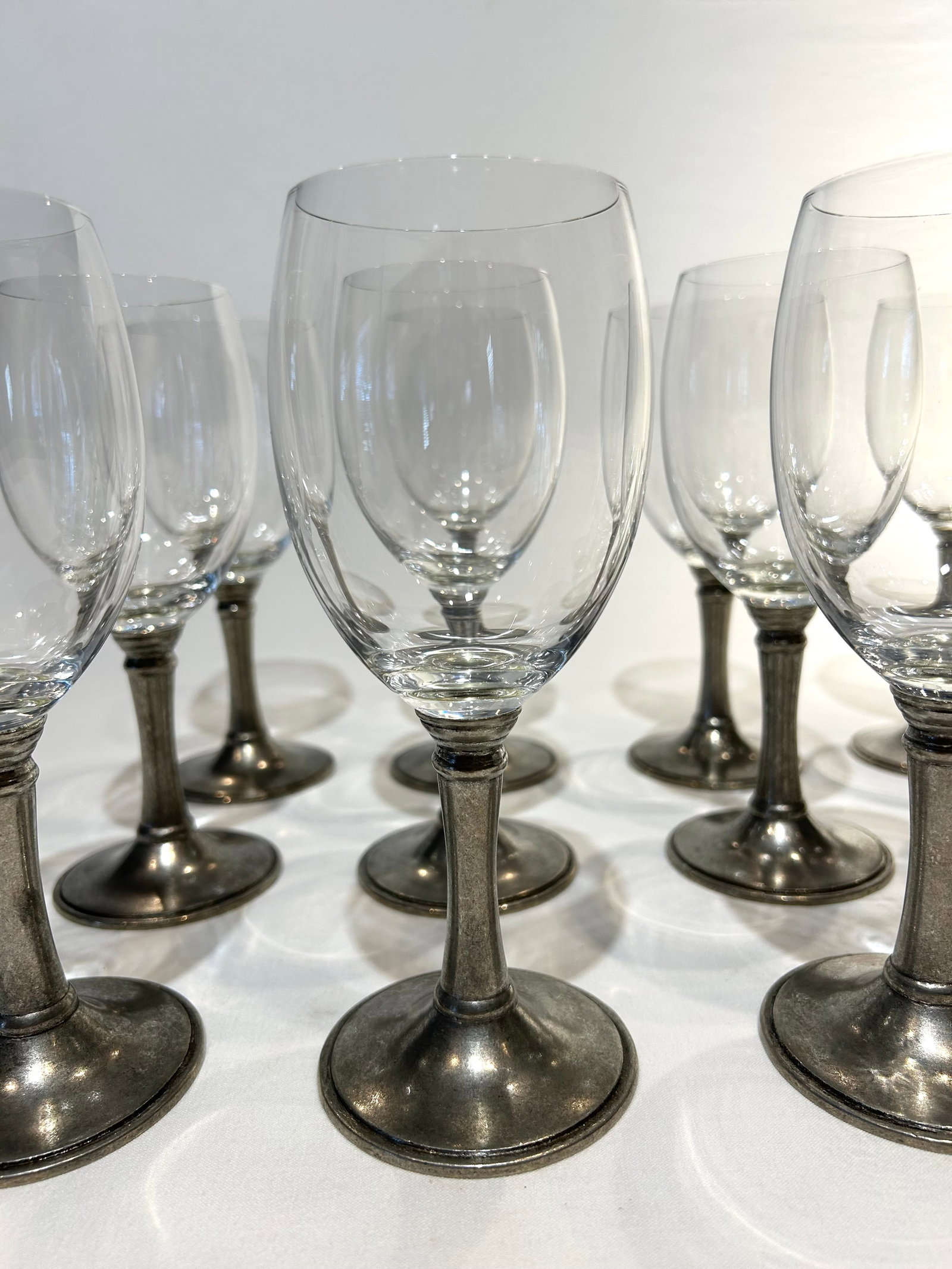 Set of 12 Williams-Sonoma 3" Diameter Pewter Stem Hand-Blown Crystal Wine Glasses - 2