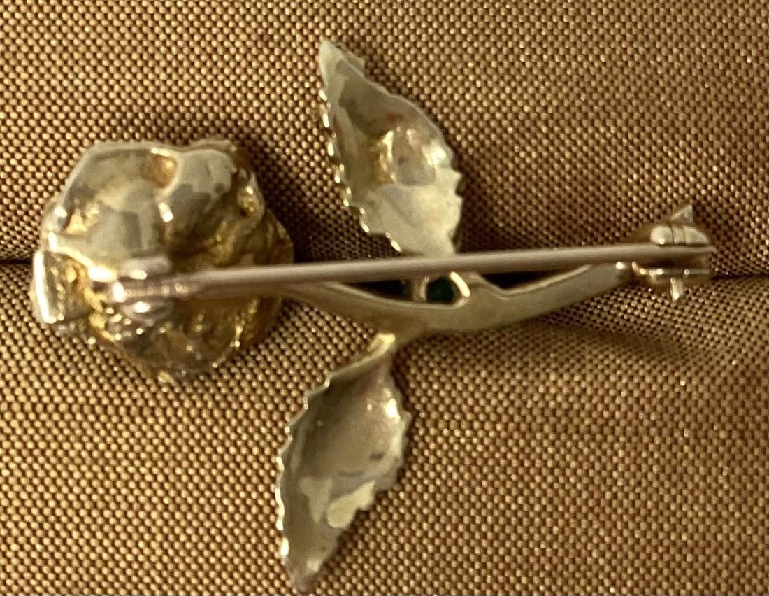 14k Gold Pin in Shape of Long Stemmed Rose With Ruby and Emerald Accent - 3