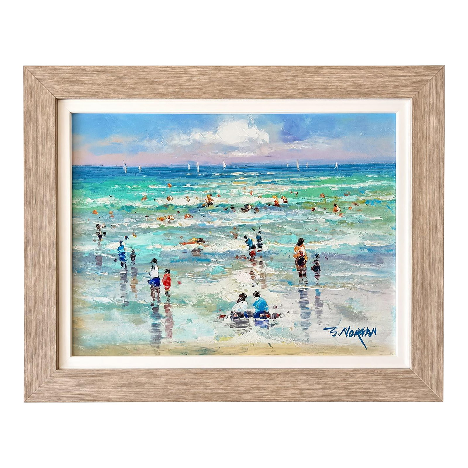 Beach Day Along the Shore, Original Framed Oil Painting on Canvas, by J. Morgan: Capturing the energy and atmosphere of a summer day by the sea, this original oil painting by J. Morgan presents a lively coastal scene filled with beachgoers enjoying the surf beneath expansive