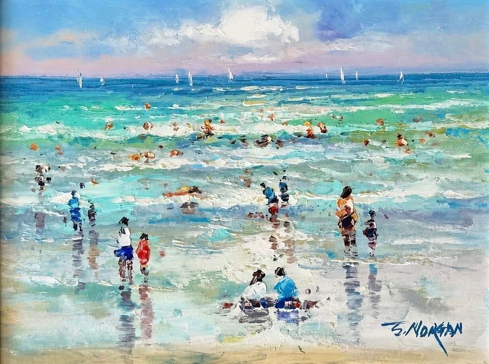 Beach Day Along the Shore, Original Framed Oil Painting on Canvas, by J. Morgan - 2