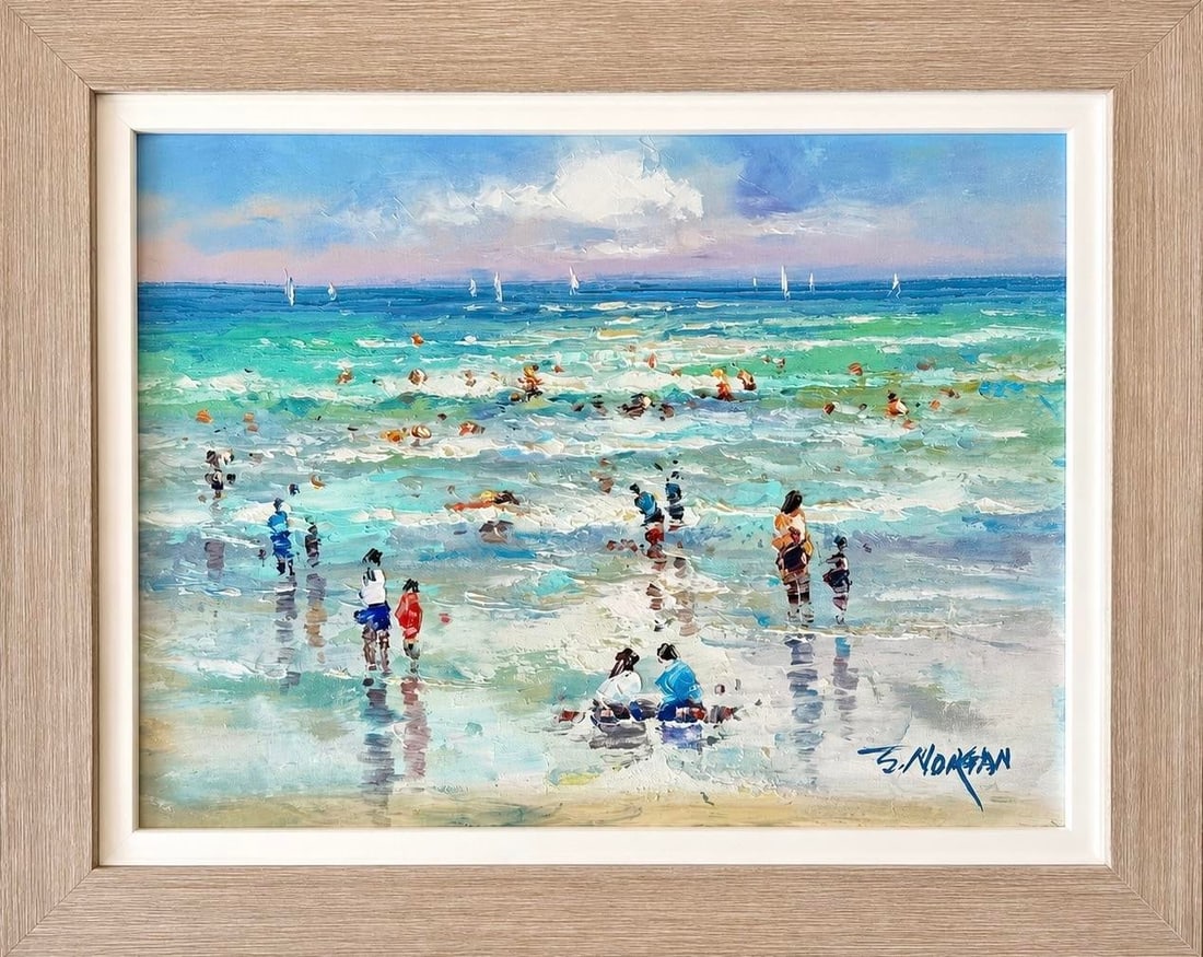 Beach Day Along the Shore, Original Framed Oil Painting on Canvas, by J. Morgan - 4