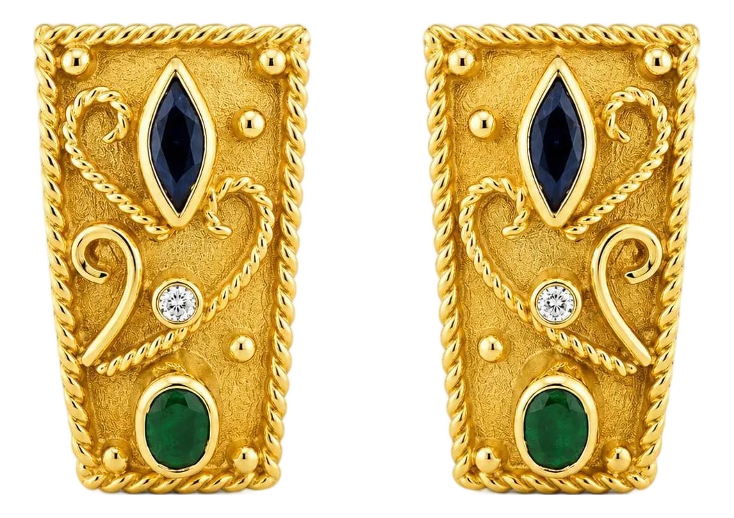 Mid 20th Century Pair of Etruscan Revival Emerald and Sapphire: 18k Yellow gold Etruscan Revival earrings Oval green emerald, marquise blue sapphire, diamond accents. Intricate rope and scroll detailing. Total weight 9.96g. Condition: Alterations: Original