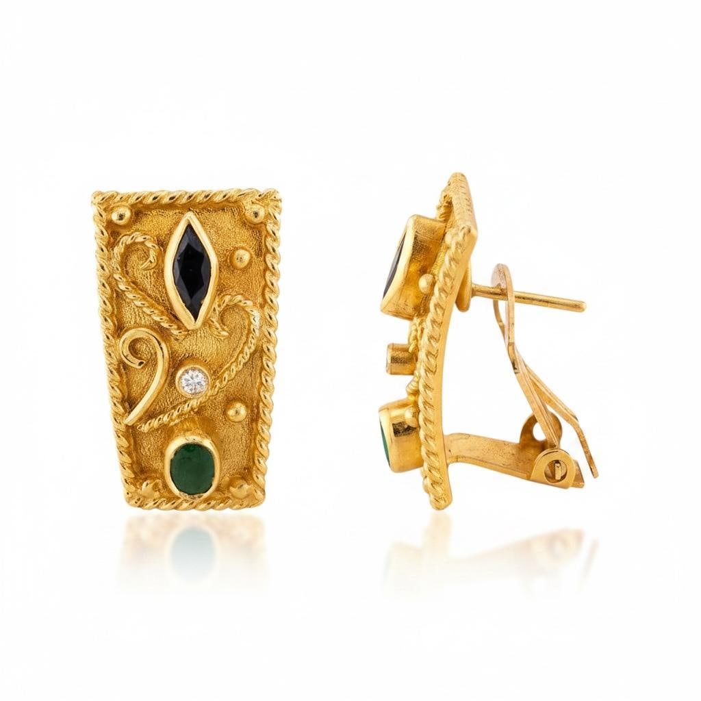Mid 20th Century Pair of Etruscan Revival Emerald and Sapphire - 3