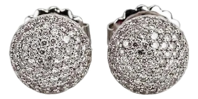 18k Pave Diamond Button Earrings, A Pair: 18k White gold button earrings with approximately 1.20 carats of pave set diamonds. 5.82 grams Condition: Alterations: Original Condition Unaltered Imperfections: Some Imperfections Condition Notes: