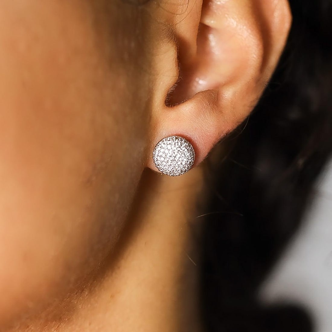 18k Pave Diamond Button Earrings, A Pair - 2
