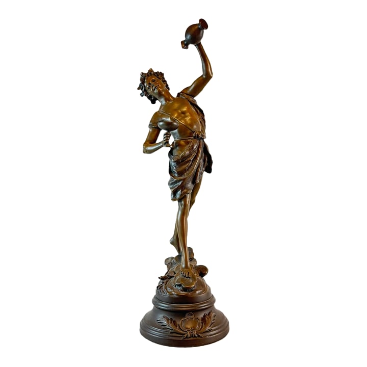 Antique French L. & F. Moreau Bacchus Spelter Sculpture, 28"h: A substantial and visually impressive example of French decorative sculpture, ideal for collectors of Moreau works, Grand Tour-inspired décor, and fine European antiques. The sculpture