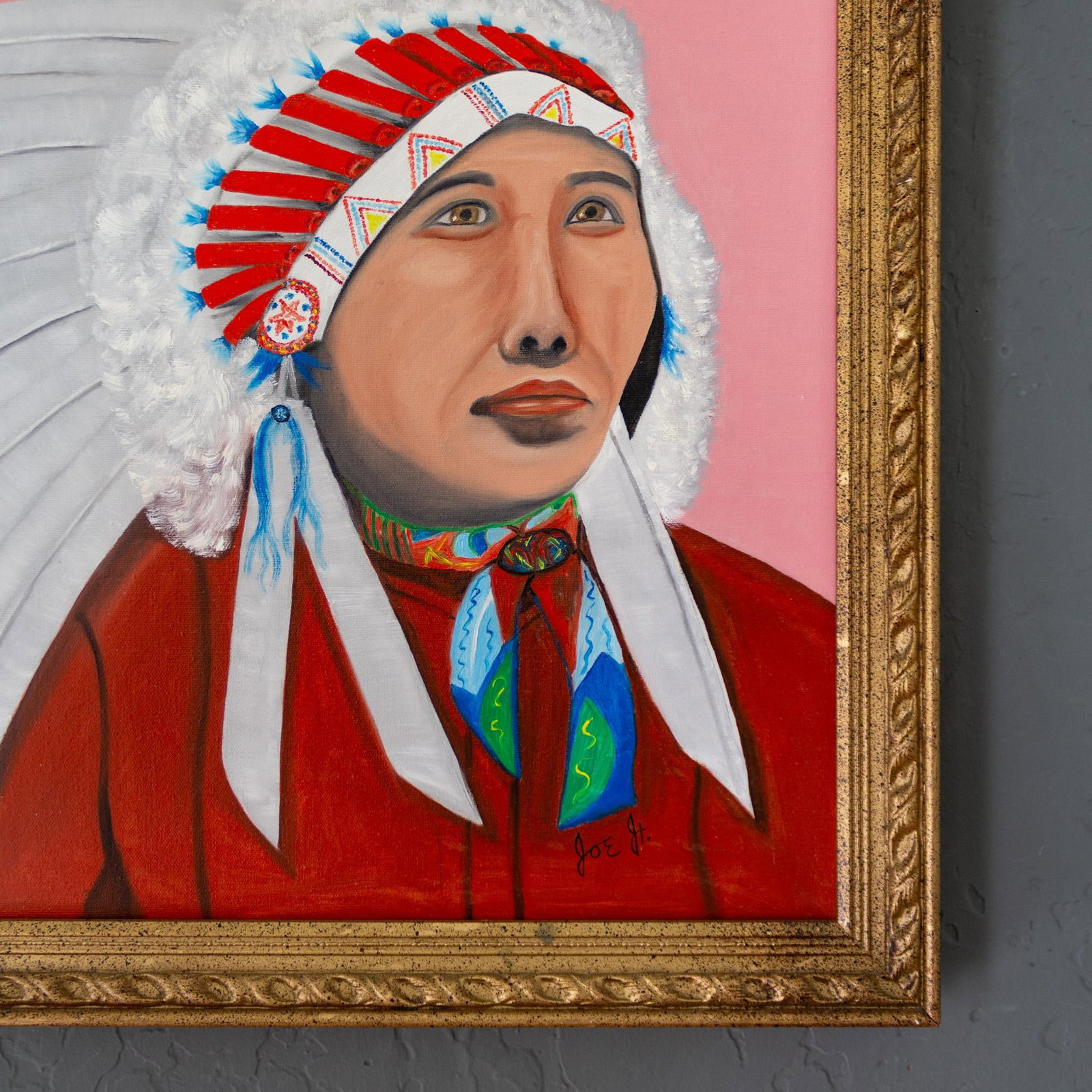 Pop Art Style Painting of Indigenous Native American in Pink and Red - 10