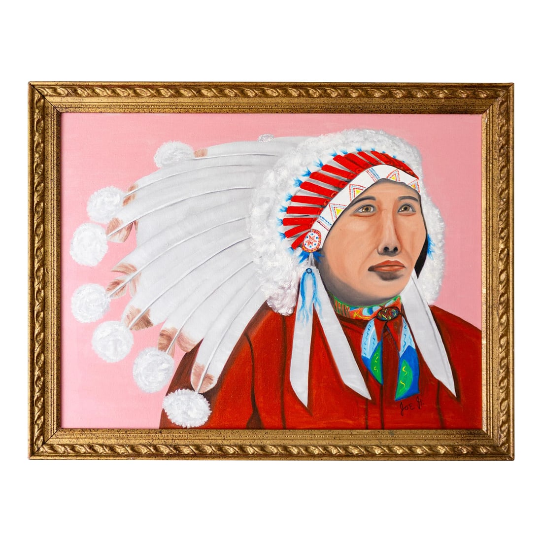 Pop Art Style Painting of Indigenous Native American in Pink and Red: This contemporary pop art-style painting depicts a young Indigenous Native American wearing a ceremonial headdress resembling a traditional Navajo wedding headdress, with a bubblegum pink background