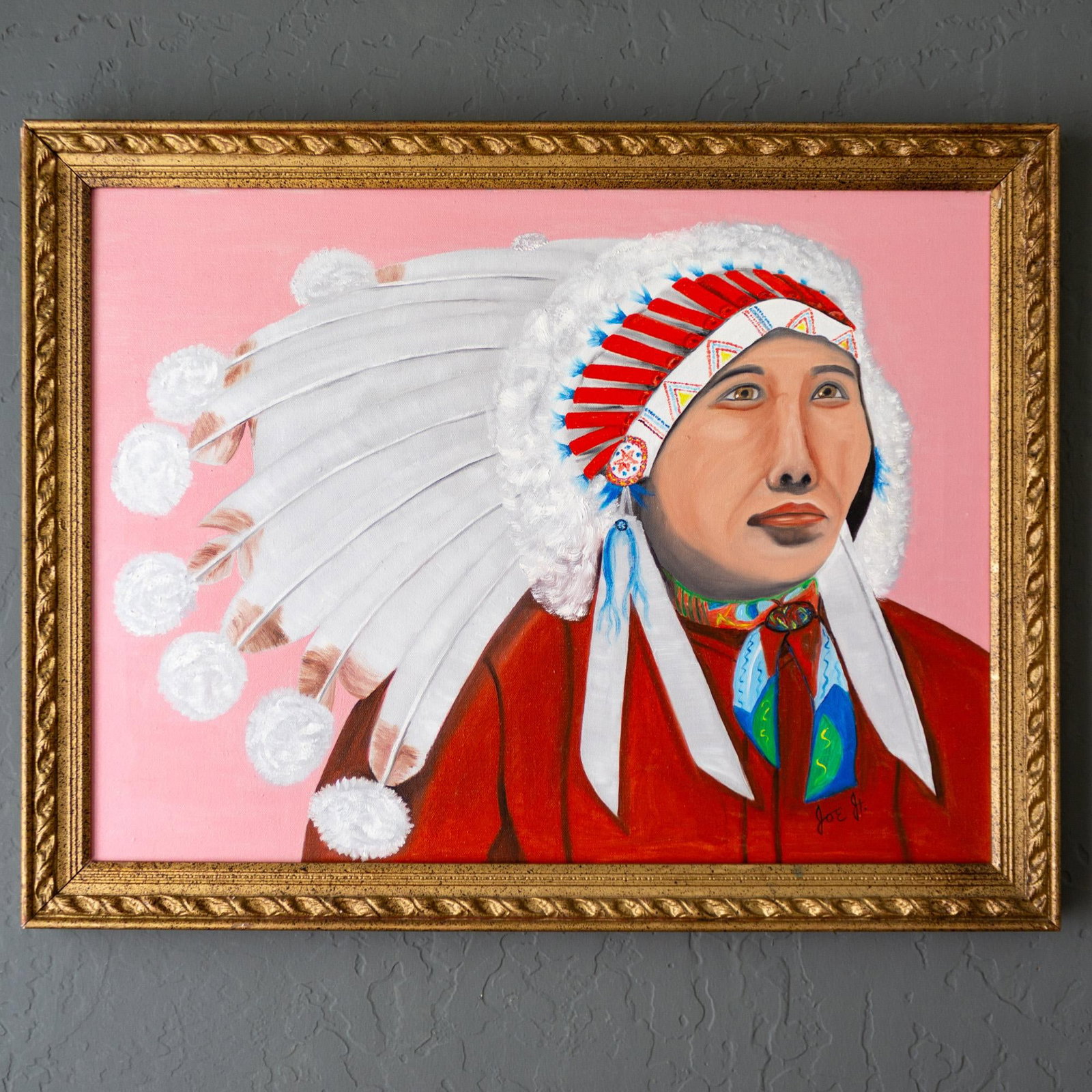 Pop Art Style Painting of Indigenous Native American in Pink and Red - 3