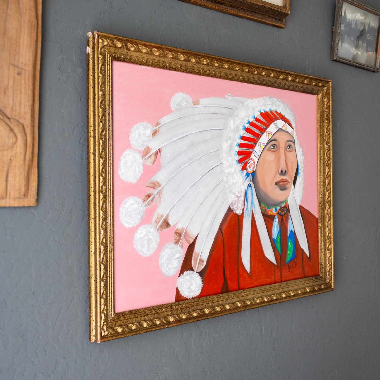 Pop Art Style Painting of Indigenous Native American in Pink and Red - 5