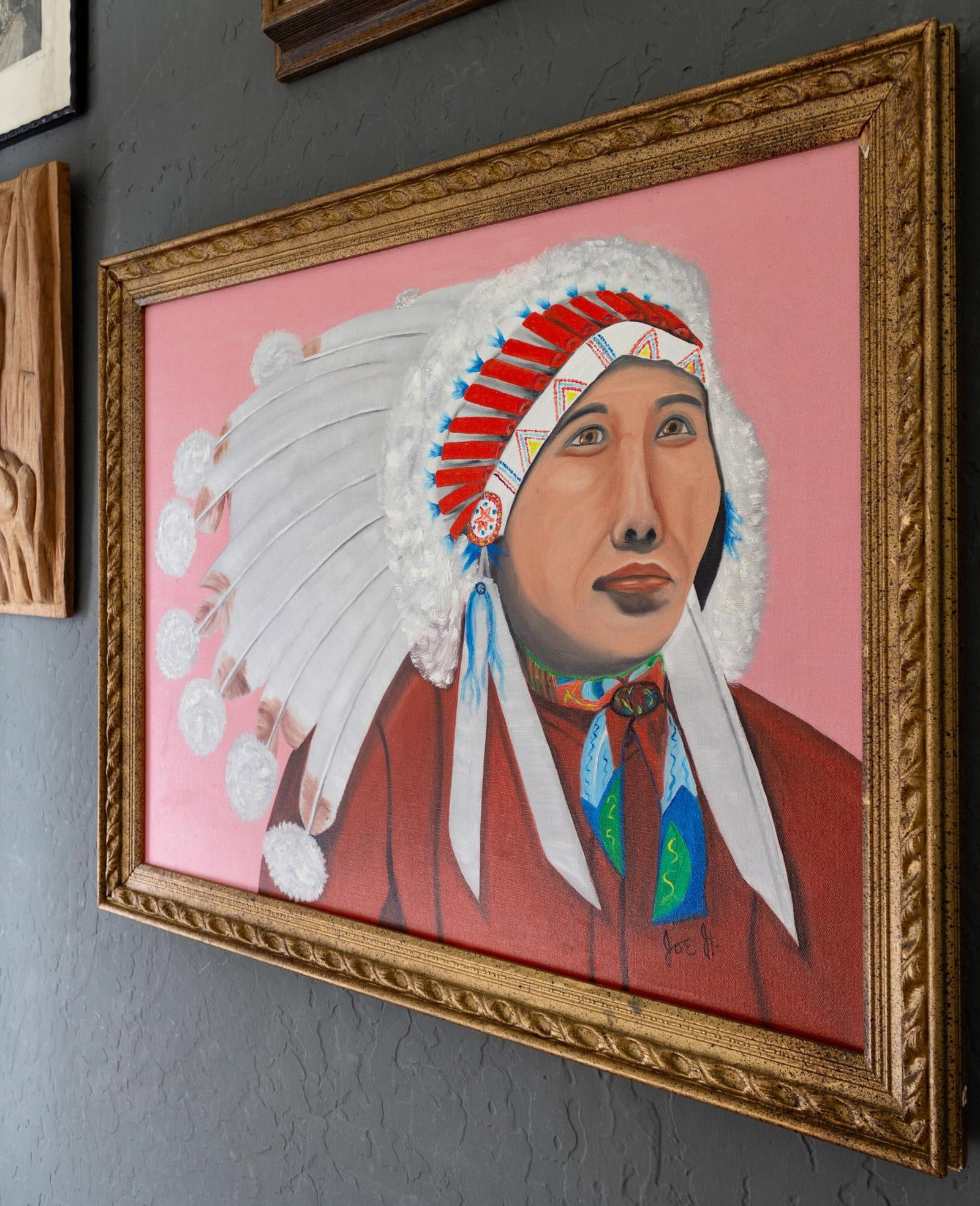Pop Art Style Painting of Indigenous Native American in Pink and Red - 6