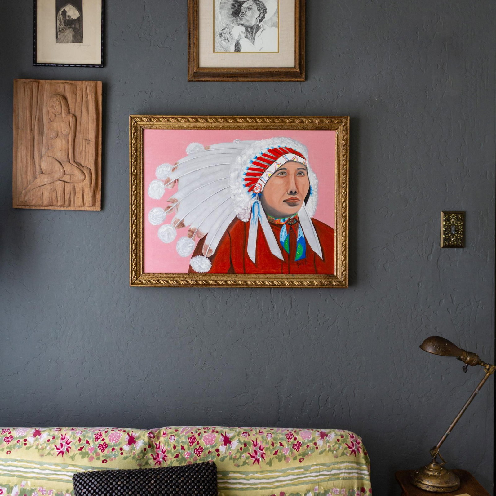Pop Art Style Painting of Indigenous Native American in Pink and Red - 7