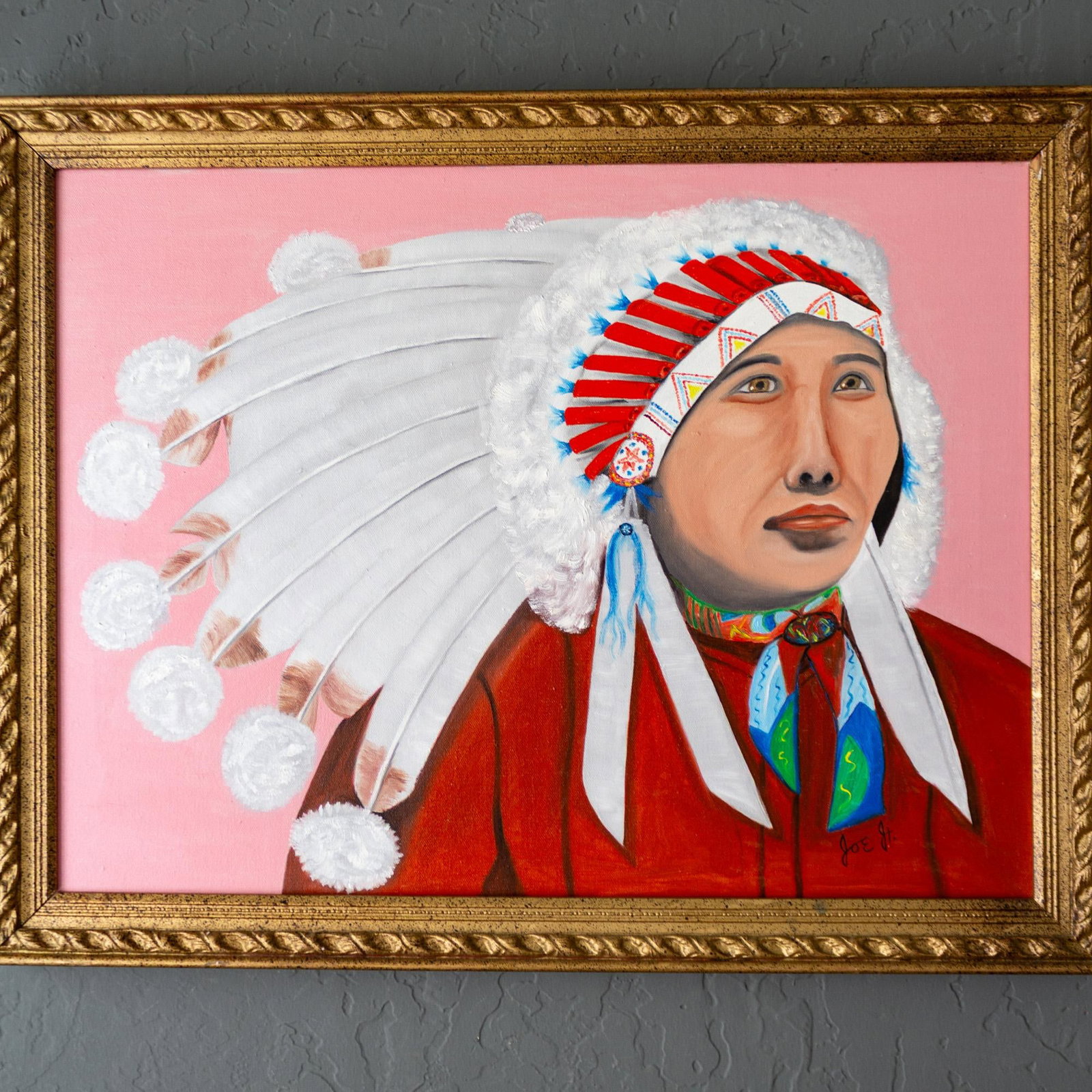 Pop Art Style Painting of Indigenous Native American in Pink and Red - 8