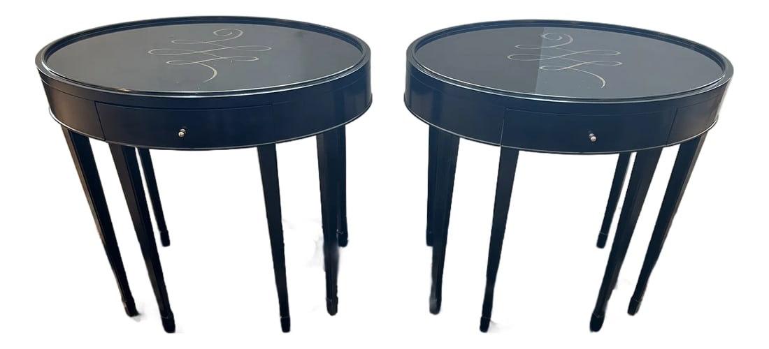Barbara Barry for Baker Black Laquer Oval End Tables- A Pair: Two oval black lacquer side tables with pull out surface by Barbara Barry for Baker. Just refinished and beautiful. Timeless elegance! HT Creator Barbara Barry (Designer) Dimensions Height: 28 in