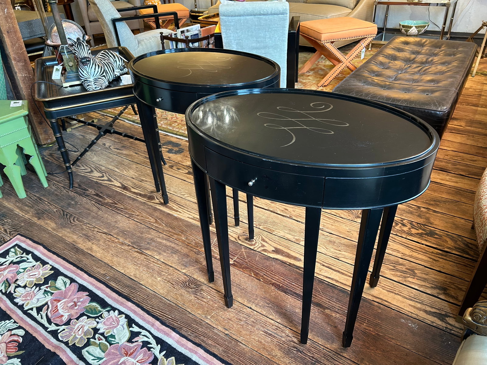 Barbara Barry for Baker Black Laquer Oval End Tables- A Pair - 7