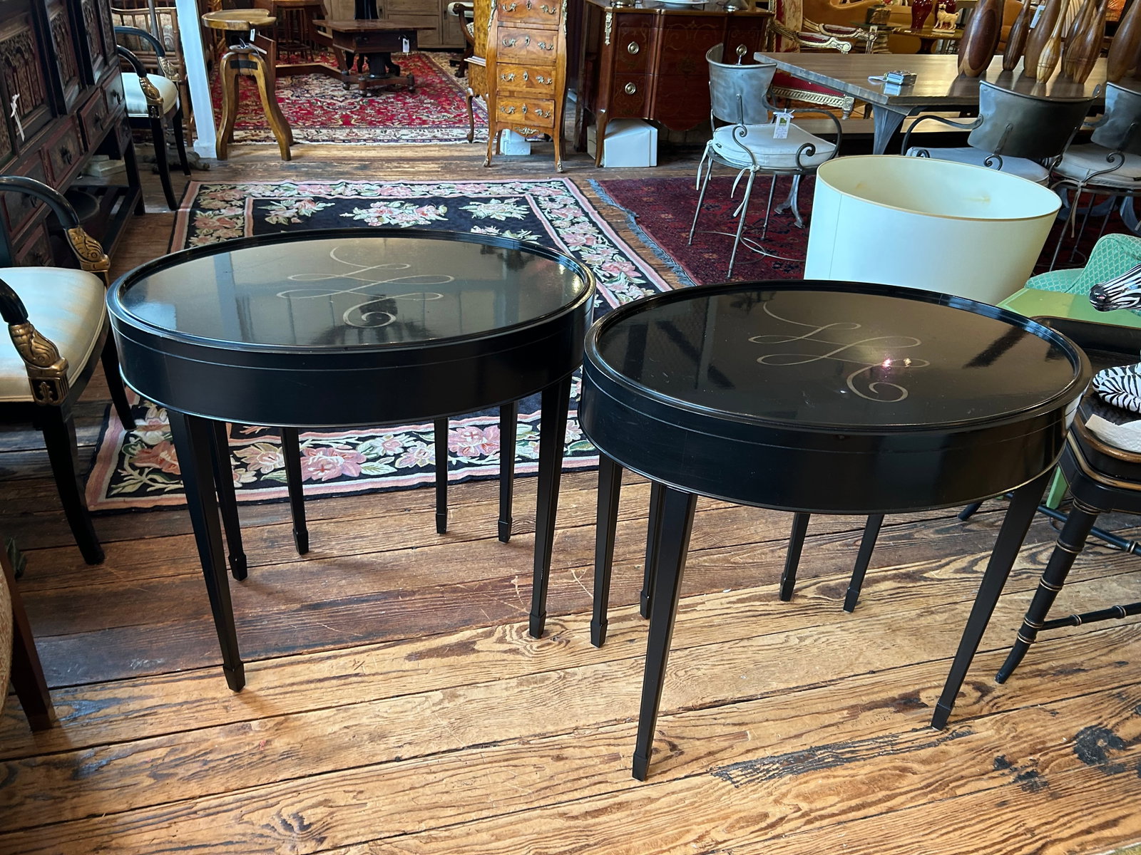 Barbara Barry for Baker Black Laquer Oval End Tables- A Pair - 8