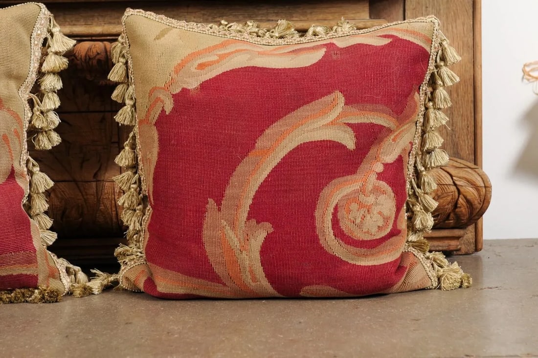French Pillows Made of 19th Century Aubusson Tapestries with Foliage - a Pair - 11