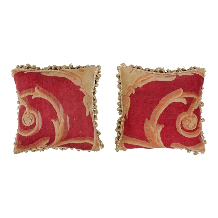 French Pillows Made of 19th Century Aubusson Tapestries with Foliage - a Pair: A pair of French pillows made from 19th century Aubusson tapestries, with scrolling foliage and tassels. Made from an exquisite tapestry created during the 19th century in the Aubusson Manufacture