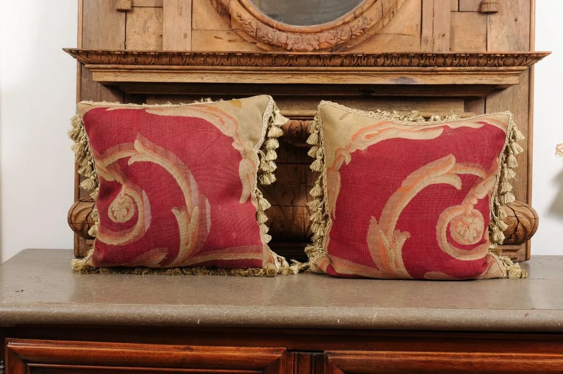 French Pillows Made of 19th Century Aubusson Tapestries with Foliage - a Pair - 2