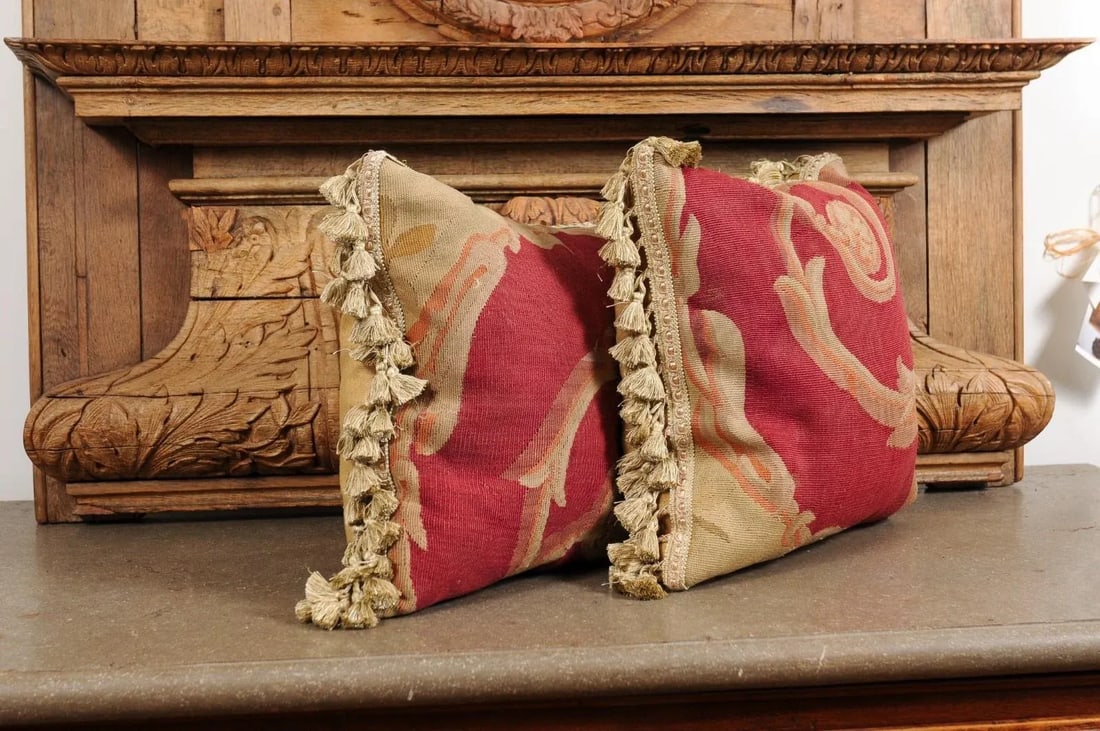 French Pillows Made of 19th Century Aubusson Tapestries with Foliage - a Pair - 4