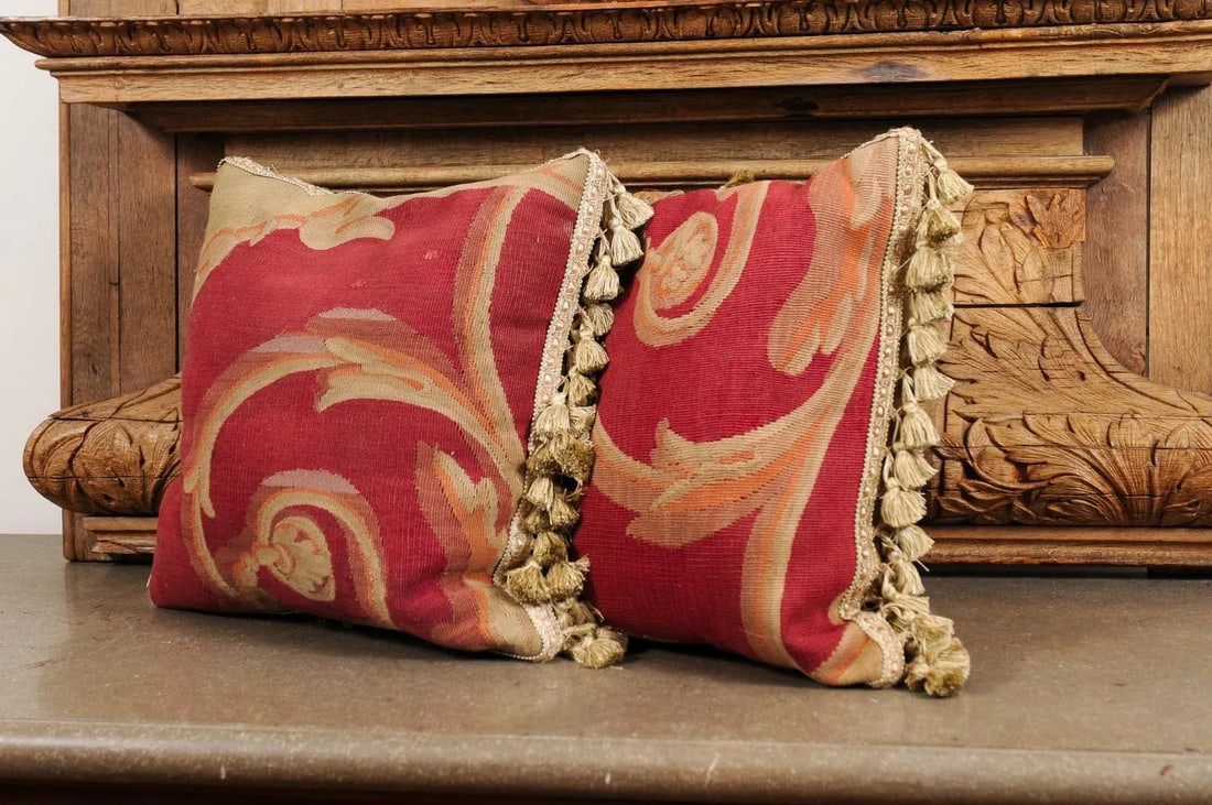French Pillows Made of 19th Century Aubusson Tapestries with Foliage - a Pair - 5