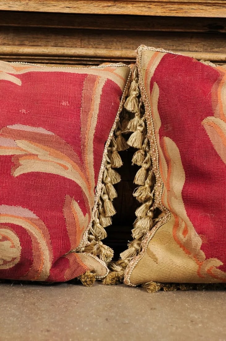 French Pillows Made of 19th Century Aubusson Tapestries with Foliage - a Pair - 7