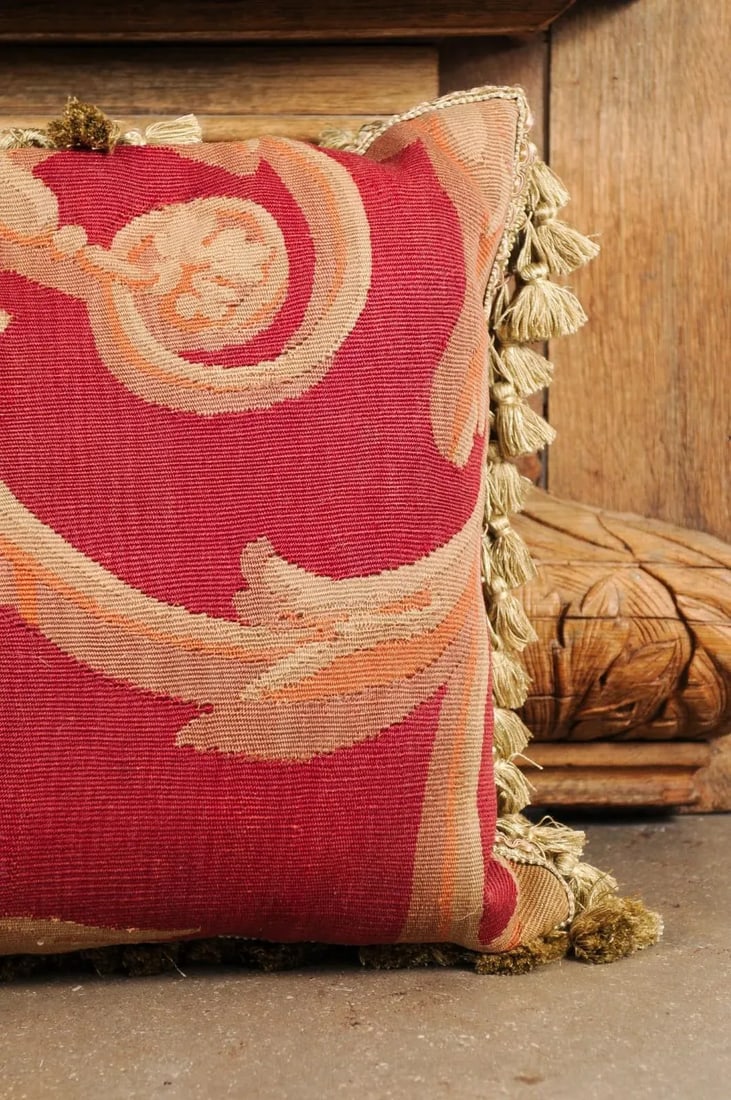 French Pillows Made of 19th Century Aubusson Tapestries with Foliage - a Pair - 8