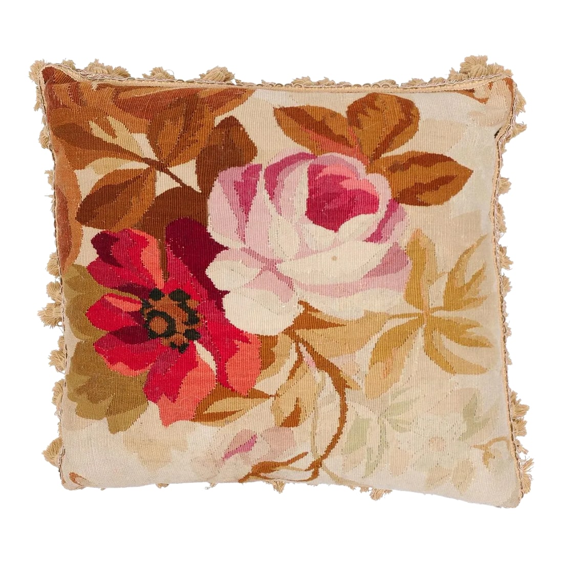 19th Century French Aubusson Woven Tapestry Pillow with Floral Décor and Tassels: A French 19th century Aubusson tapestry pillow, with floral décor and tassels. Created during the 19th century in the Aubusson tapestry manufacture located in central France, this pillow