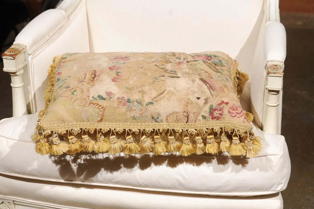 Early 19th Century French Silk & Angora Aubusson Tapestry Pillow with Flowers - 11