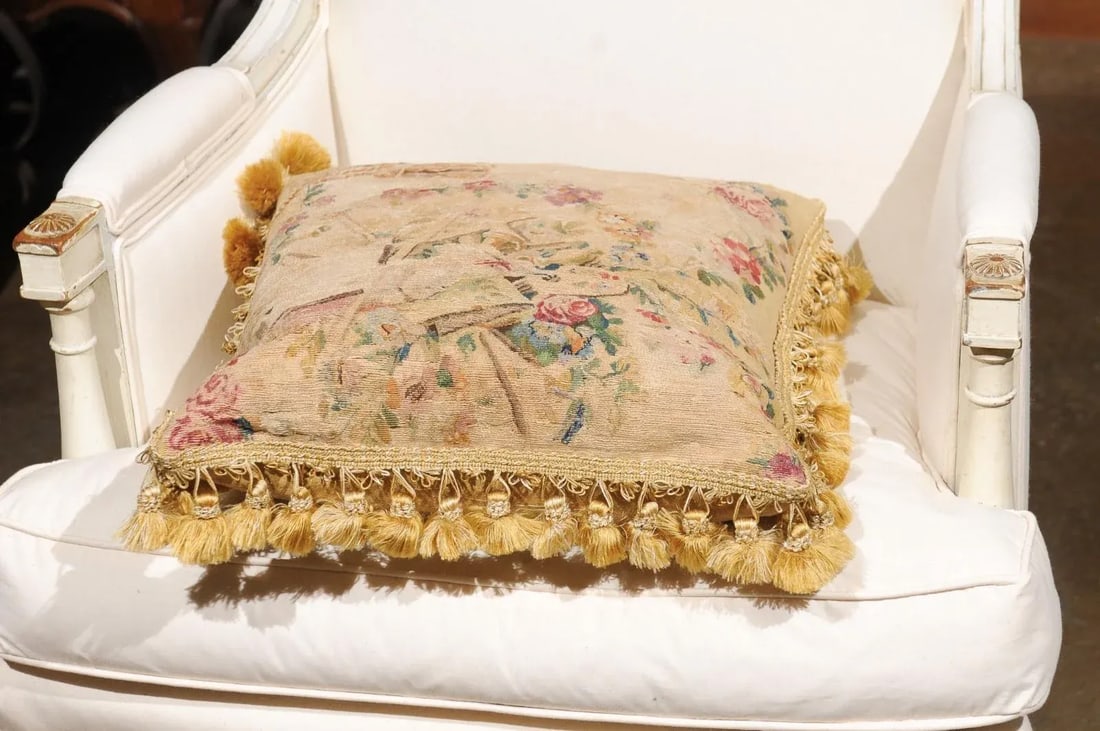 Early 19th Century French Silk & Angora Aubusson Tapestry Pillow with Flowers - 12