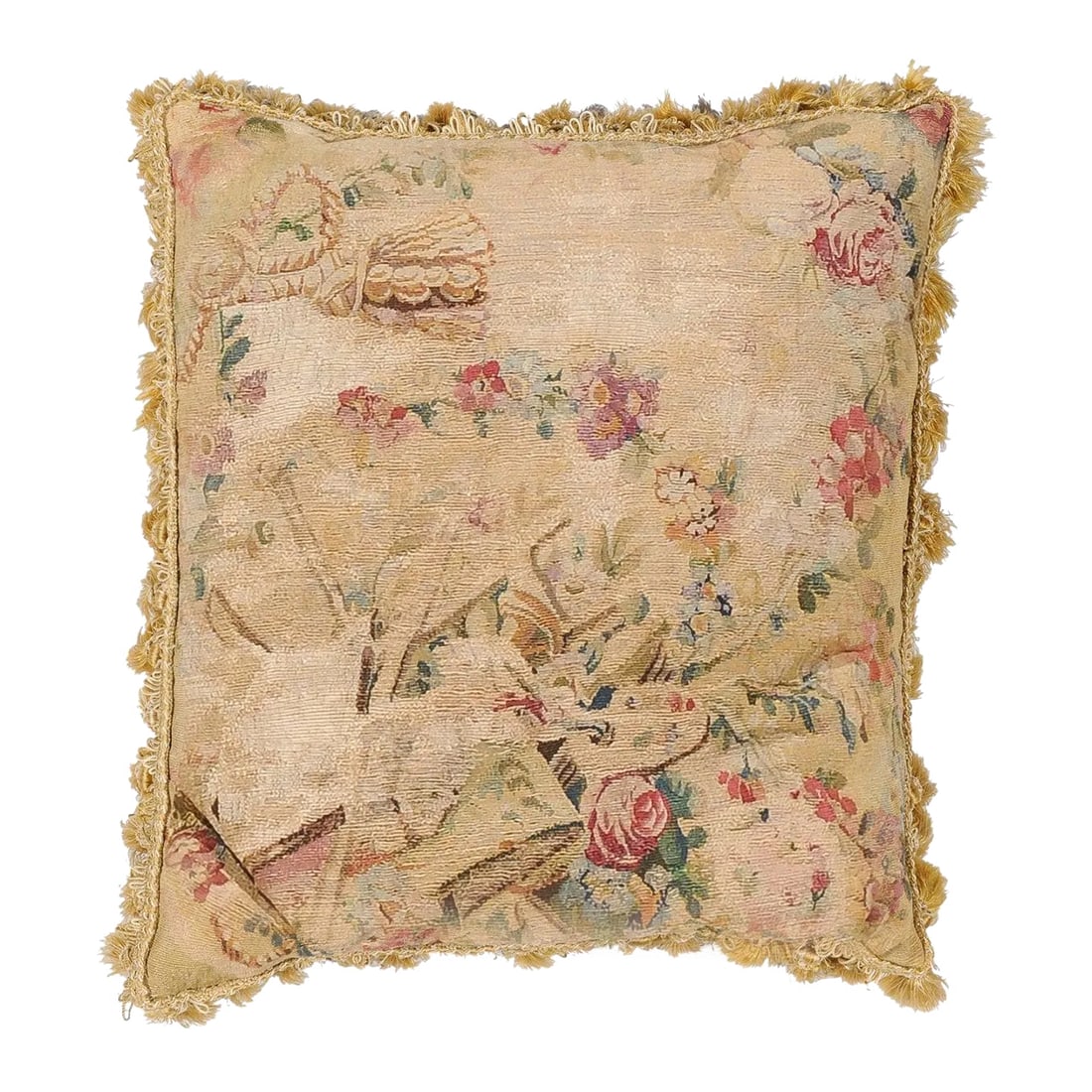 Early 19th Century French Silk & Angora Aubusson Tapestry Pillow with Flowers: A French silk and angora pillow made from an early 19th century Aubusson tapestry, with floral décor and Allegory of the Liberal Arts. Made from a tapestry created during the early years of the 1