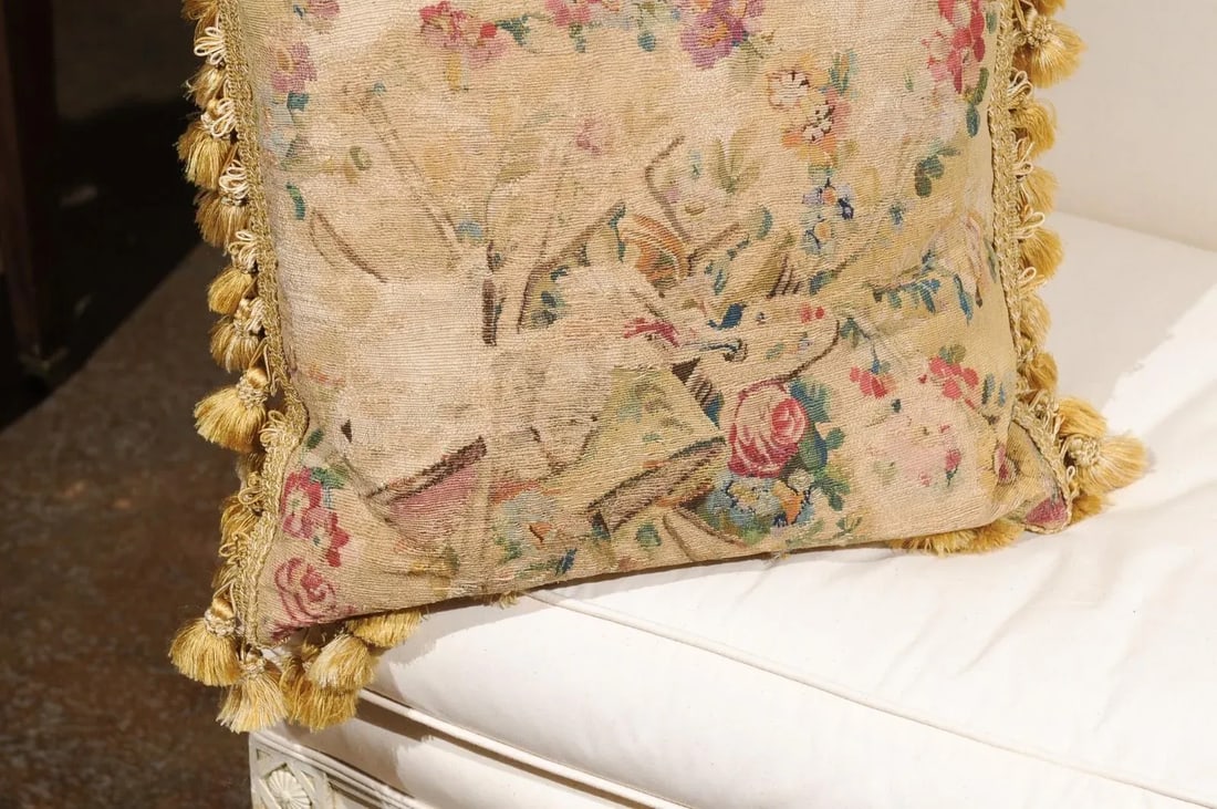 Early 19th Century French Silk & Angora Aubusson Tapestry Pillow with Flowers - 7
