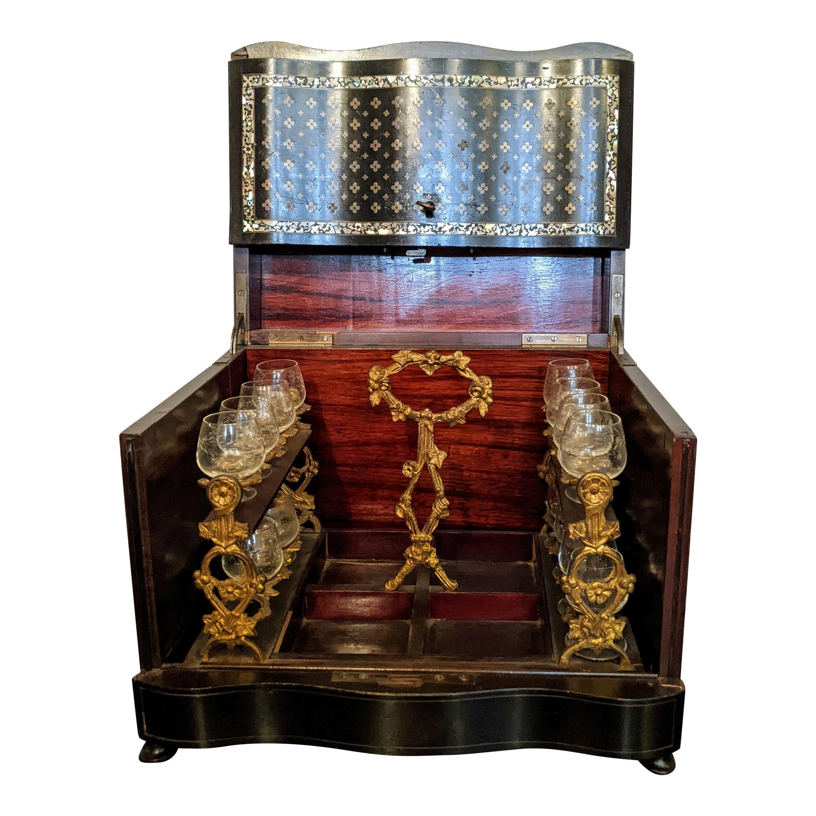 Late 19th Century Napoleon III Tantalus: Napoleon III Liquor Cellar Mother of Pearl Boulle Marquetry, France 19th Century Very good condition for it's age. Superb addition to any bar.Box 13 inches by 10 x 10 minor age cracks in box see