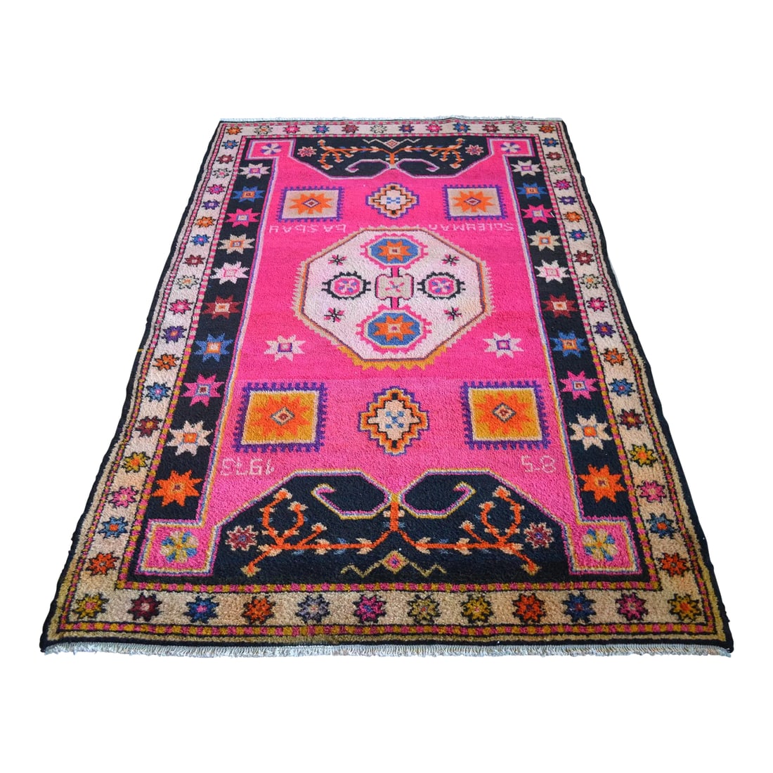 1970s Vintage Hand Knotted Hot Pink Rug: a Vintage Turkish rug, made on Anatolia in 1973. (signed) Dimension: 52" x 81" or 4 ft 4 in x 6 ft 9 in Material: wool on cotton. Condition: Used - in good vintage condition Origin: Central Anatolia