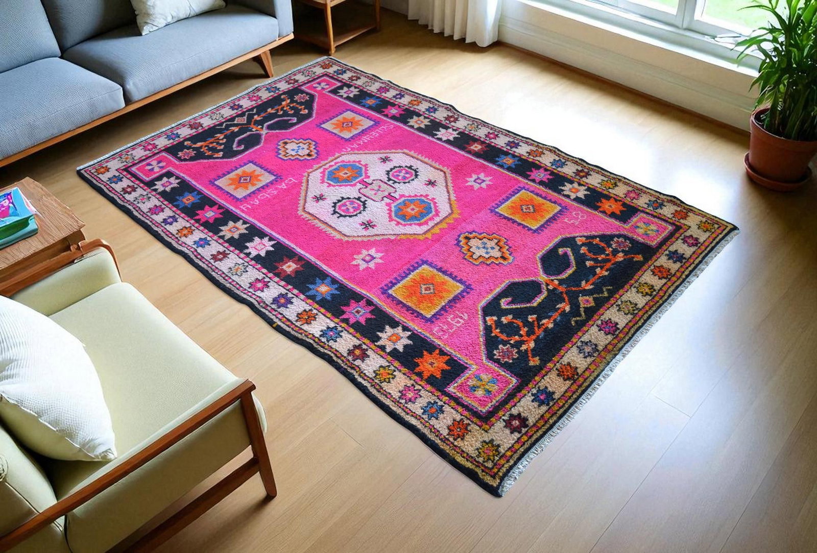 1970s Vintage Hand Knotted Hot Pink Rug - 2