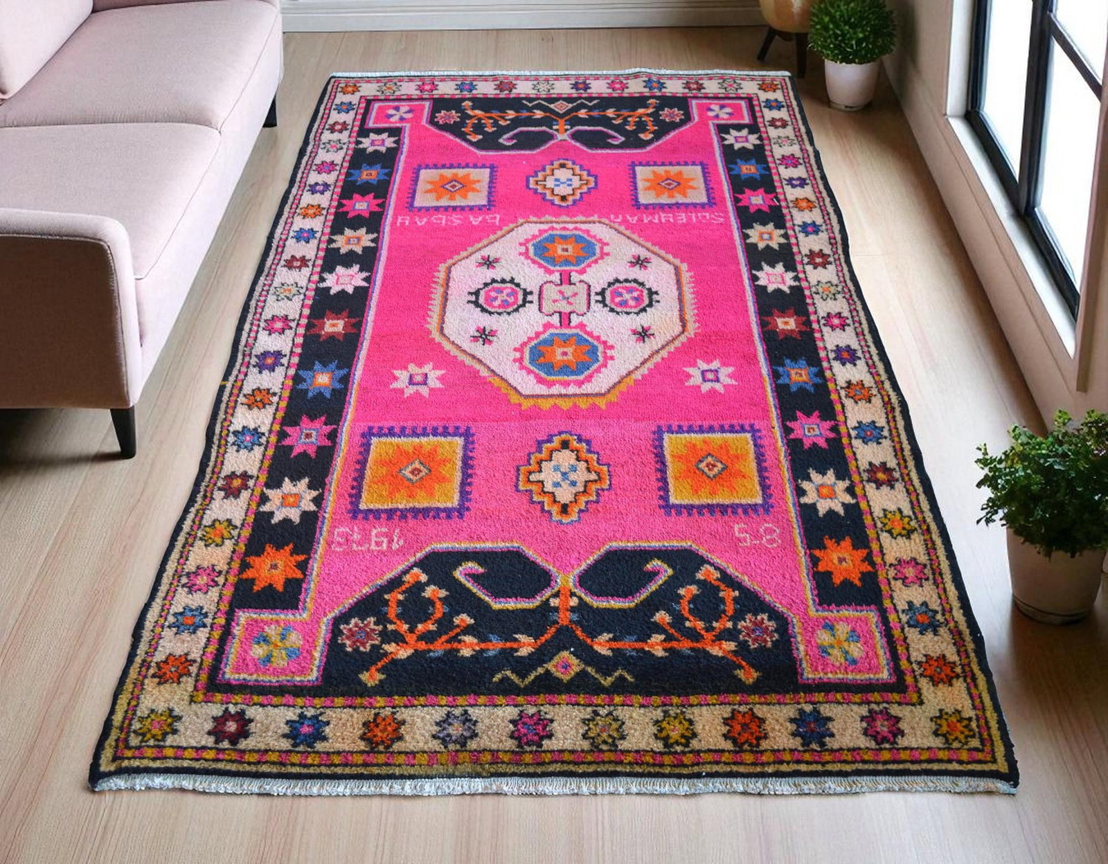 1970s Vintage Hand Knotted Hot Pink Rug - 3