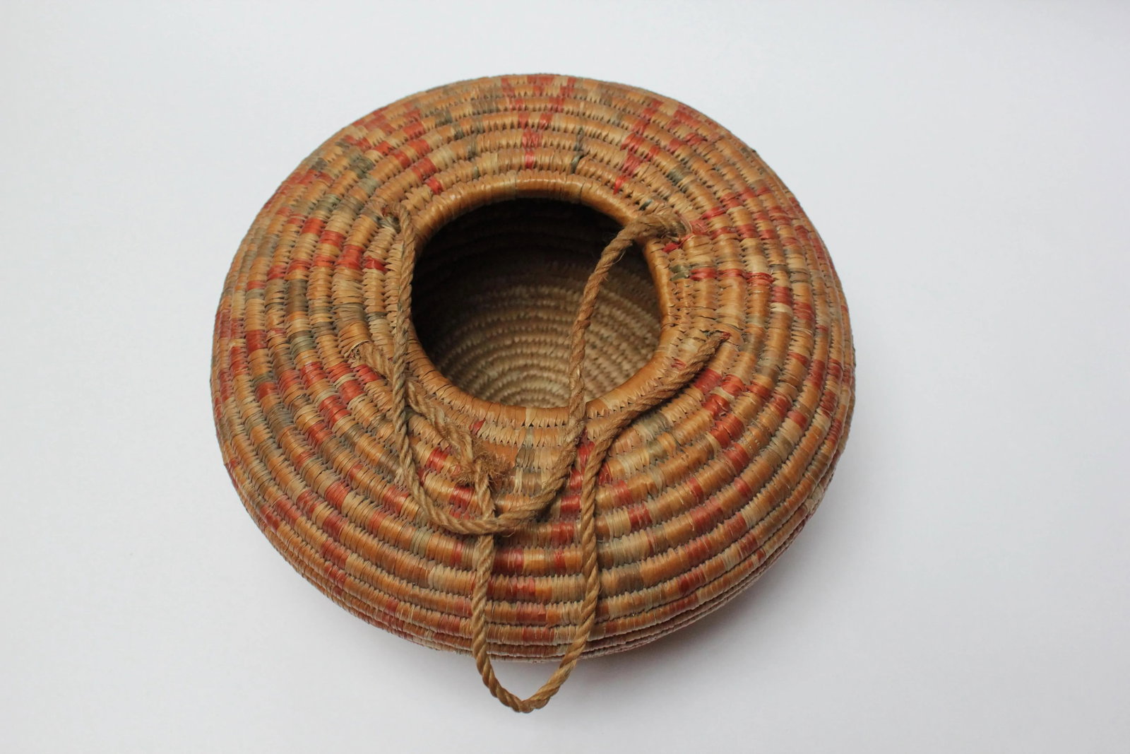 Vintage American Indian Style Dyed and Coiled Chevron Wicker Basket - 11