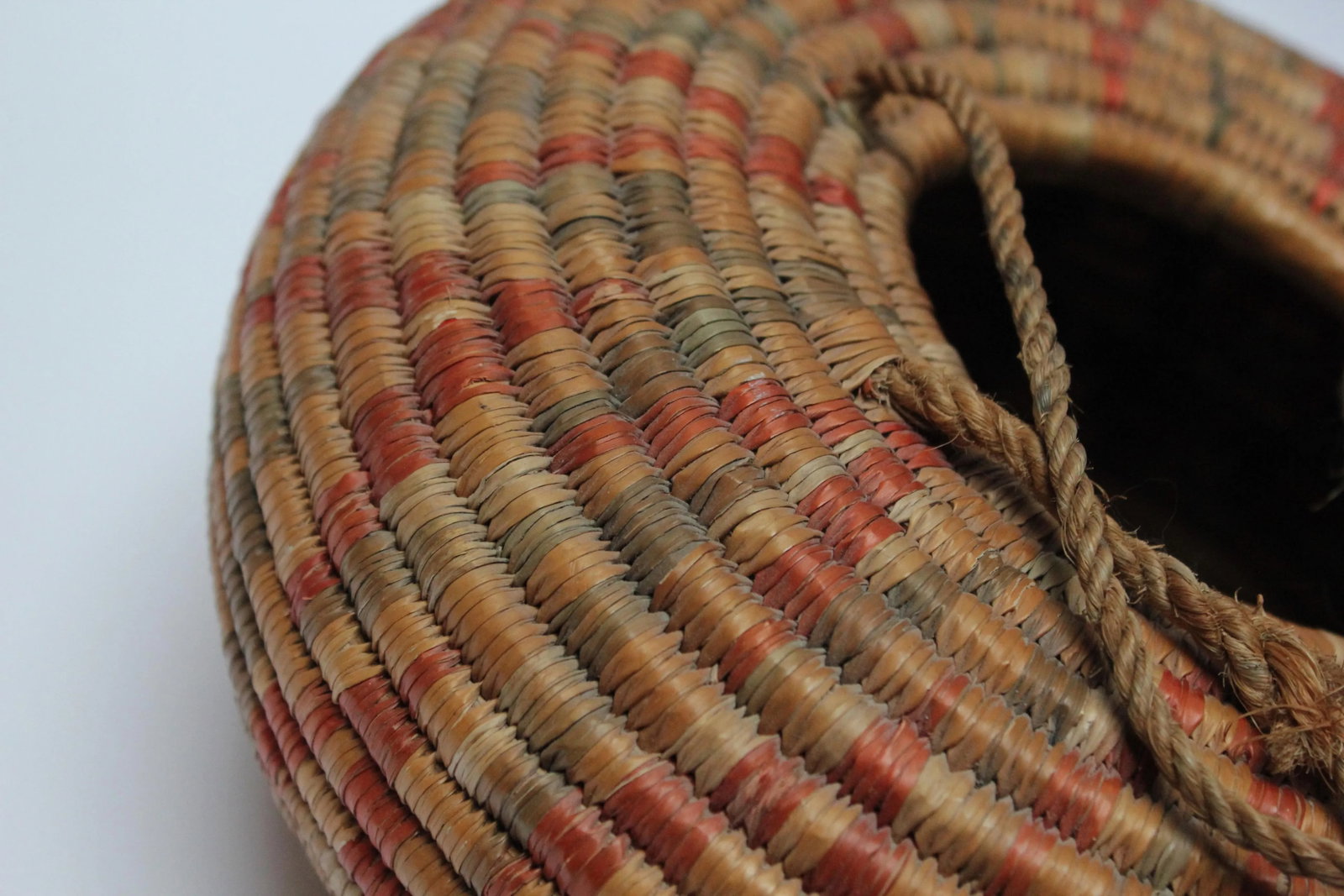 Vintage American Indian Style Dyed and Coiled Chevron Wicker Basket - 6
