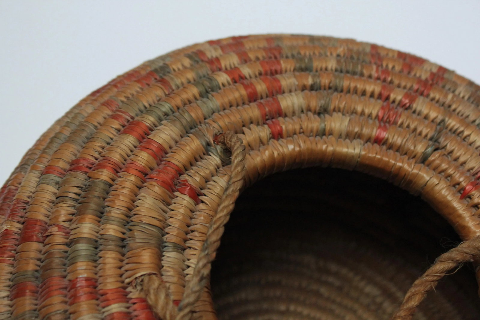 Vintage American Indian Style Dyed and Coiled Chevron Wicker Basket - 9